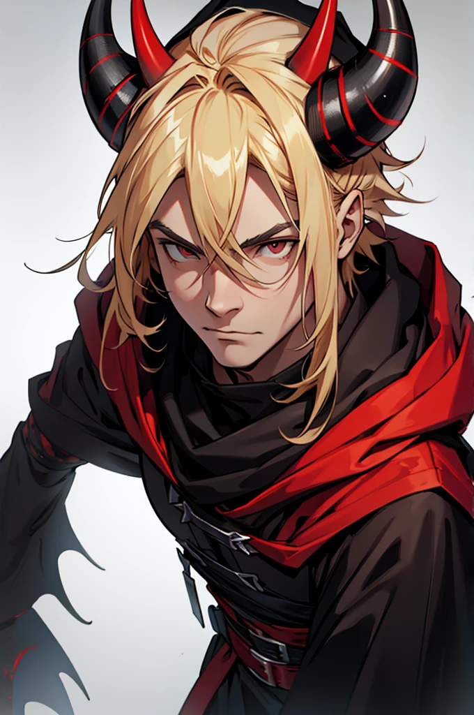 man, small red horns, black eyes, imposing face, blond hair, with black cloak with hood on his head