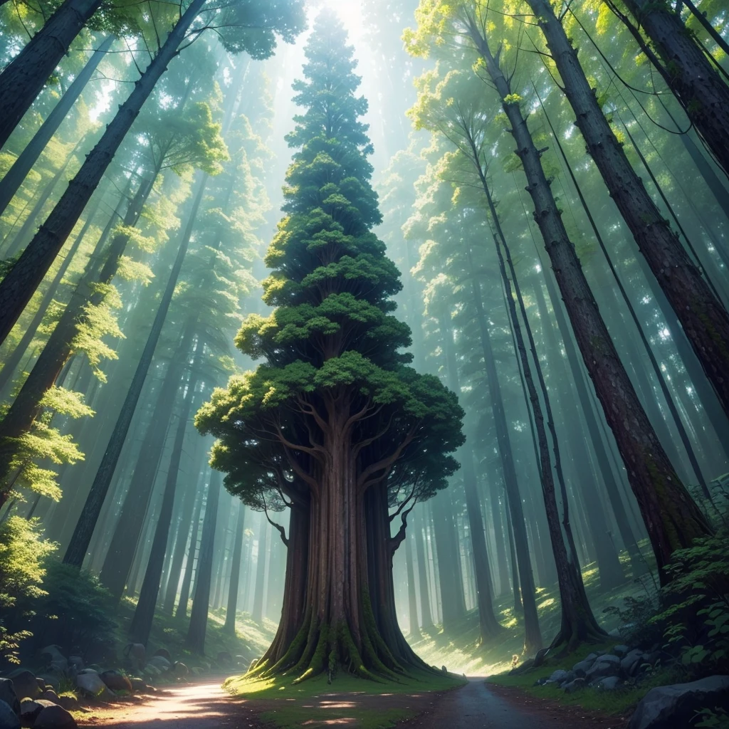 mysteriousな超巨大なトンネルの中に森がある,Giant Tree Forest,There is a huge tree,There is a road in the middle of the forest,Different world,The sunlight from the sun shines on the earth,Colorful,Best Quality,8K,mysterious,Multidimensional,High Dimension,Fantasy,Different space,There are many different creatures,Nature,romantic,A world beyond imagination,Dream world,universe,Huge river,masterpiece,最高masterpiece,perfection,