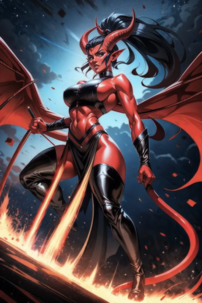 Red skin succubus tiefling, medium breasts, black horns, wings, huge tail, black leather, crop top, long flowing pelvic curtain, tall, toned, graceful, thin, long black ponytail. Action scene, whip. Dark scene, explosions, night sky.