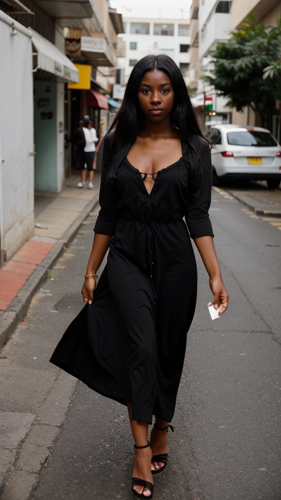 (((Brazilian))), age 28, ((Bblack hair, long and smooth)) in street, (Long black dress), (((darkskin, black))), (((Don&#39;t show your hands, do not leave visible)))