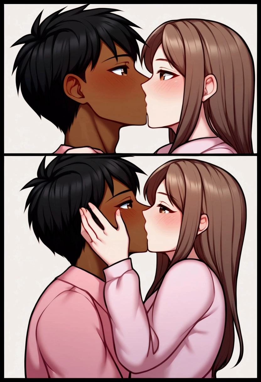 couple kissing, a girl with black hair, dark skin, brown eyes, long-haired girl with pink clothes, tender