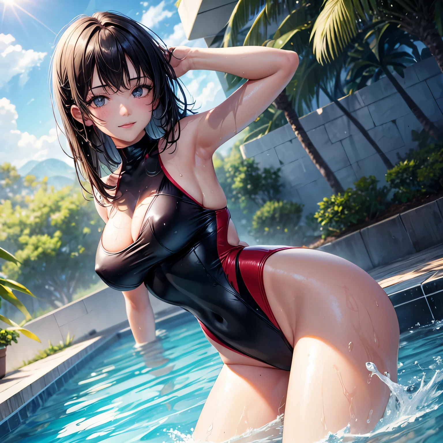 (4K,masterpiece,best quality,ultra detailed),(cowboy shot:1.2),(daylight,bloom),looking viewer,(solo),(full page of woman),(age),(medium hair,silky hair,straight hair,black hair),(beautiful detailed face,beautiful detailed eyes,finely detailed skin,medium breast,medium hips,fair skin),light smile,shy,(wet one piece competition swimsuit),in pool,swimming,