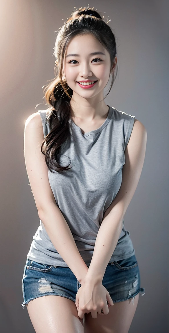 Highest quality, 1 beautiful woman, 28 years old, Large breast bulges, s, 35mm lens, F/1, Cowboy shot, Specific Background、Tiled background、Perm、sweat ((light gray shirt)), sleeveless,(a charming smile:1.2),