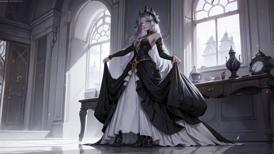 woman in elegant dress, pose with an air of decisive action, becomes the subject of a chilling work of art, manga inspired.. Her perfect eyes are visible in the frame., fizzy, with complex texture, which invites exploration. The influence of Goblin Academy is palpable in this work.., where sharp black and white contrasts brilliantly highlight every detail, which you don't pay attention to.. Studio Ghibli's signature storytelling essence is imbued, how the lady's enchanting gaze attracts the viewer - the perfect combination of beauty, danger, and secret. (Best quality, A high resolution:1.2), 1 woman,