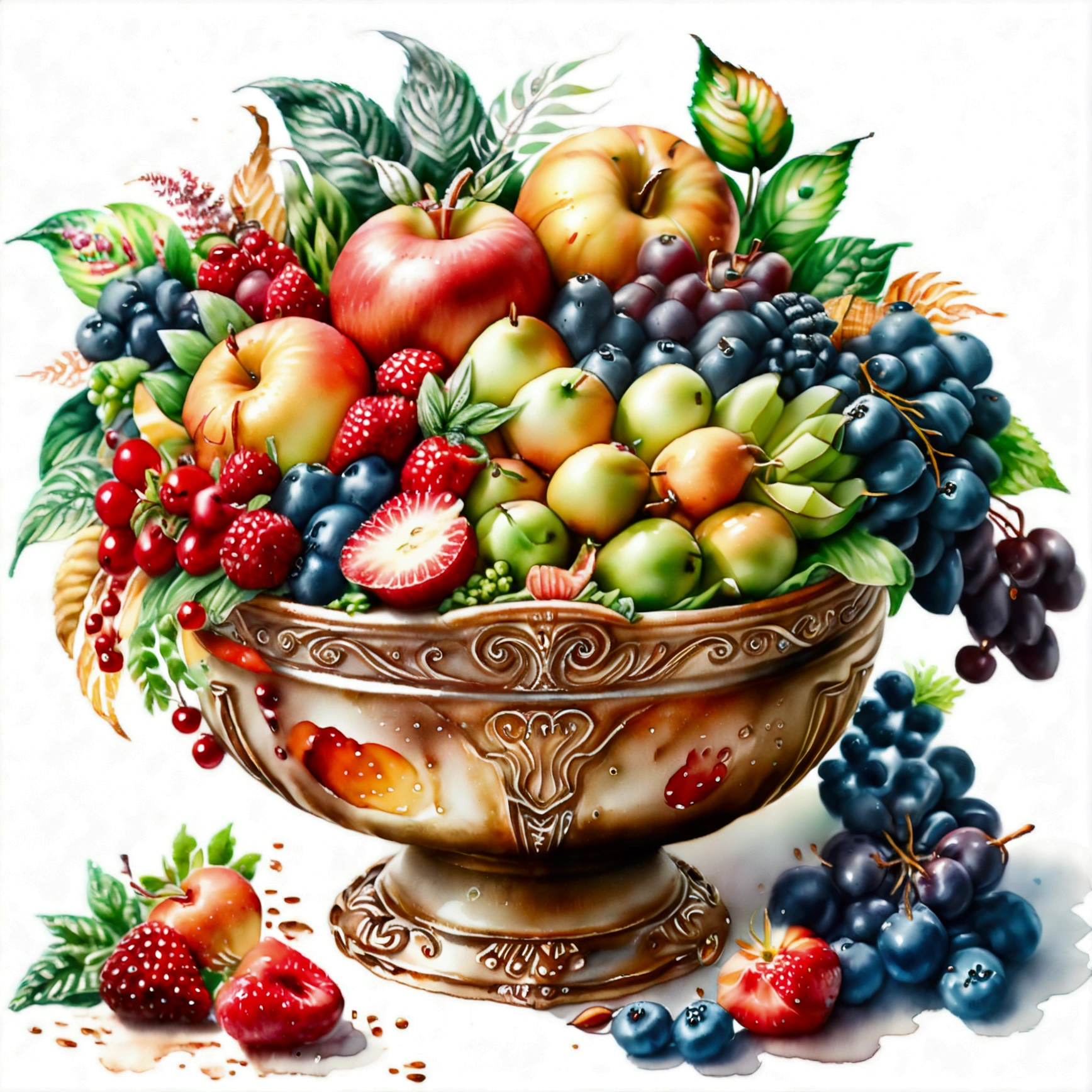 There is bowl of salad made of different fruit , fresh and creamy, served in fancy Victorian bowl, illustration, baking ingredients, isolated with solid white background, surrounded with negative space, centered composition, highest detailed painting, very precise line, Isolated, clear solid white background, perspective angle of view, ((watercolor:1.5)), (lora:add-detail-xl:1), (masterpiece), (best quality), no bread on the floor, washed out color