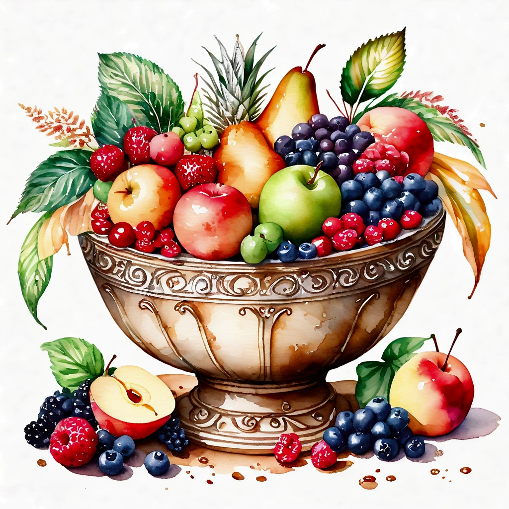 There is bowl of salad made of different fruit , fresh and creamy, served in fancy Victorian bowl, illustration, baking ingredients, isolated with solid white background, surrounded with negative space, centered composition, highest detailed painting, very precise line, Isolated, clear solid white background, perspective angle of view, ((watercolor:1.5)), (lora:add-detail-xl:1), (masterpiece), (best quality), no bread on the floor, washed out color