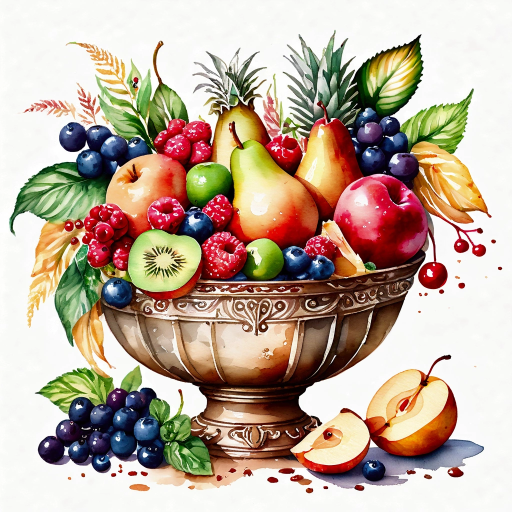 There is bowl of salad made of different fruit , fresh and creamy, served in fancy Victorian bowl, illustration, baking ingredients, isolated with solid white background, surrounded with negative space, centered composition, highest detailed painting, very precise line, Isolated, clear solid white background, perspective angle of view, ((watercolor:1.5)), (lora:add-detail-xl:1), (masterpiece), (best quality), no bread on the floor, washed out color