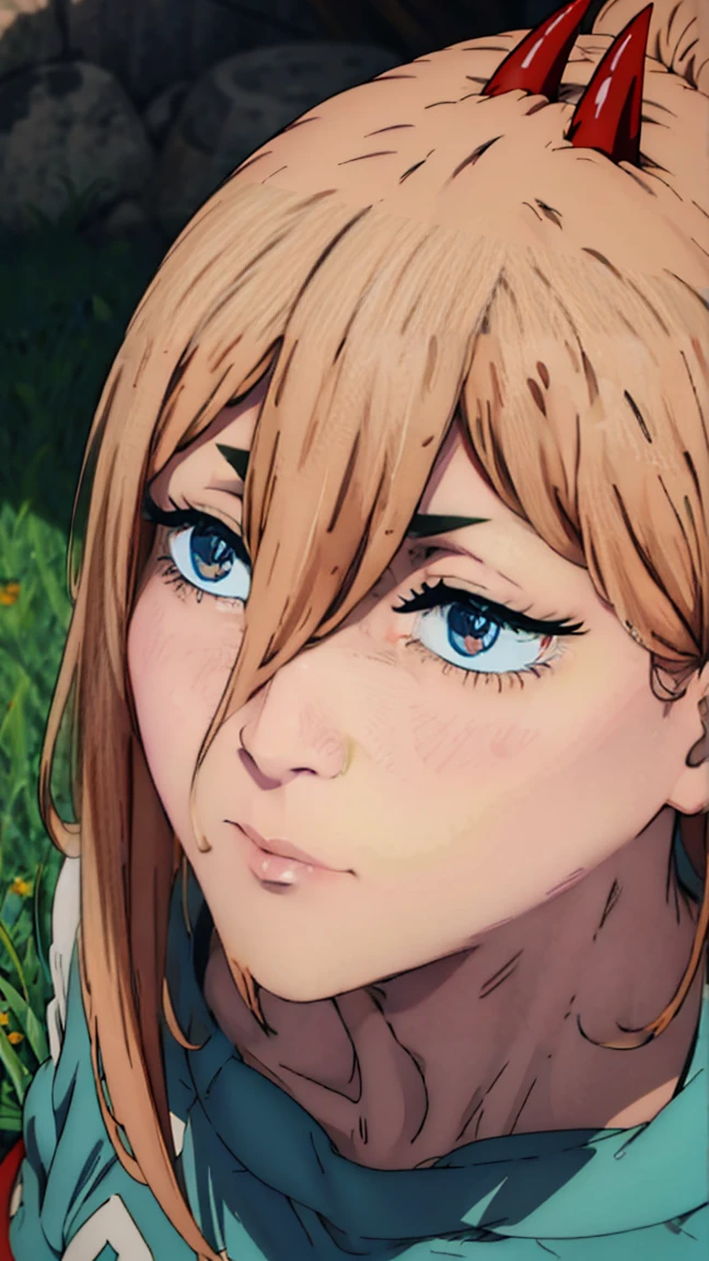 laughing, grass, lawn, looks at the camera, can be seen in full growth (full body 1.1.), , The camera looks down at her, Picture from above, beautiful талия, good feet, ultra sharp image, beautiful figure, beautiful , sharp teeth,  ultra detailed face, Ultra transparent, Chainsaw Man Energy, Two red sharp horns on the head, ultra sharp image, very beautiful, . long hair, blonde, beautiful figure, tight clothes, yellow glowing eyes, Red crosses and circles instead of pupils, Beautiful body, sexy clothes, Beautiful eyes, very detailed eyes, Very detailed face, Beautiful body, Chereter Design, Very detailed, detailed body, detailed hands, detailed, Vibrating, detailed Face, sharp focus, clap, Artgerm, anime art, Vibrating, detailed Face, Hugh Details, sharp focus, Very downcast face, Detailed eye, Super lovely illustration, best shadow, finely detail, beautiful detail