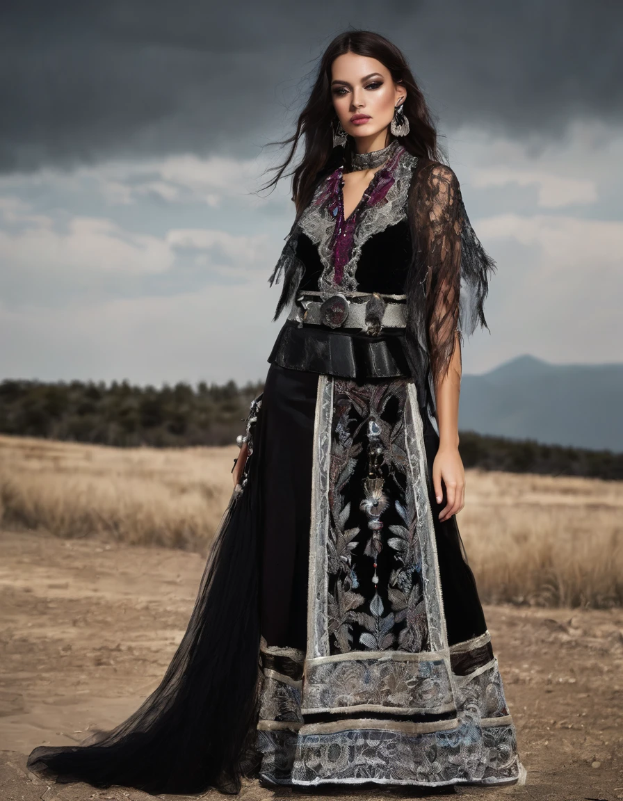 Gothic Ethnic Style**
**outfit:**
- **long skirt**: black, Asymmetrical, with lace details and indigenous embroidery. Can have layers of tulle or velvet.
- **blouse**: black o blanca, lace with embroidered details. long and flared sleeves.
- **corset**: De terciopelo negro with lace details and indigenous embroidery en la parte frontal.
**accessories:**
- **Necklaces**: Silver with dark stones and feather details. Some with amulets of indigenous figures.
- **BRACELET**: Lace and leather, with metallic details and precious stones.
- **belts**: wide, velvet decorated with embroidery and large buckles.
**shoes:**
- **Boots**: Leather high heels with lace and embroidery details.
**make-up:**
- **Eyes**: Smoked in dark tones, with touches of gold and silver.
- **lips**: In burgundy or black tones, with matte finish.
**Additional details:**
- **long layers**: Velvet or silk with indigenous embroidery.
- **Played**: Lace and feathers, with small precious stones