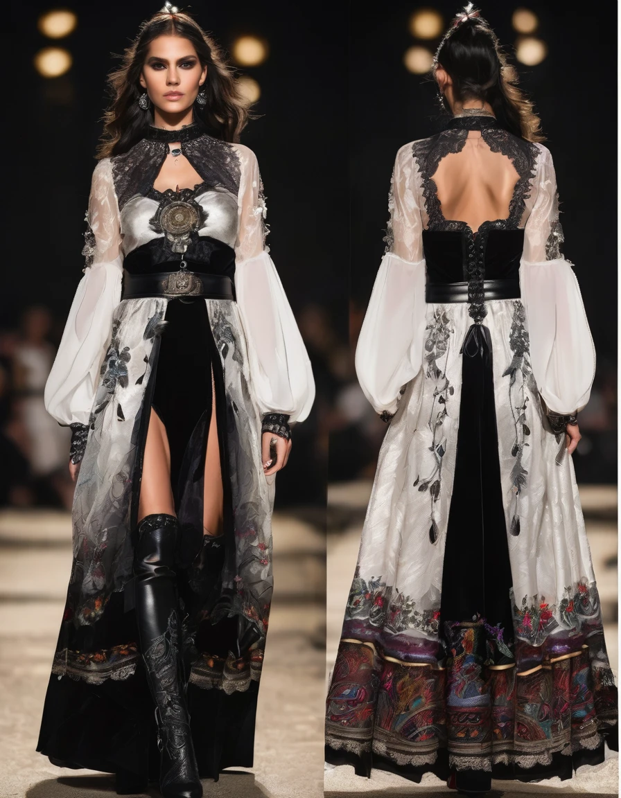 Gothic Ethnic Style**
**outfit:**
- **long skirt**: black, Asymmetrical, with lace details and indigenous embroidery. Can have layers of tulle or velvet.
- **blouse**: black o blanca, lace with embroidered details. long and flared sleeves.
- **corset**: De terciopelo negro with lace details and indigenous embroidery en la parte frontal.
**accessories:**
- **Necklaces**: Silver with dark stones and feather details. Some with amulets of indigenous figures.
- **BRACELET**: Lace and leather, with metallic details and precious stones.
- **belts**: wide, velvet decorated with embroidery and large buckles.
**shoes:**
- **Boots**: Leather high heels with lace and embroidery details.
**make-up:**
- **Eyes**: Smoked in dark tones, with touches of gold and silver.
- **lips**: In burgundy or black tones, with matte finish.
**Additional details:**
- **long layers**: Velvet or silk with indigenous embroidery.
- **Played**: Lace and feathers, with small precious stones