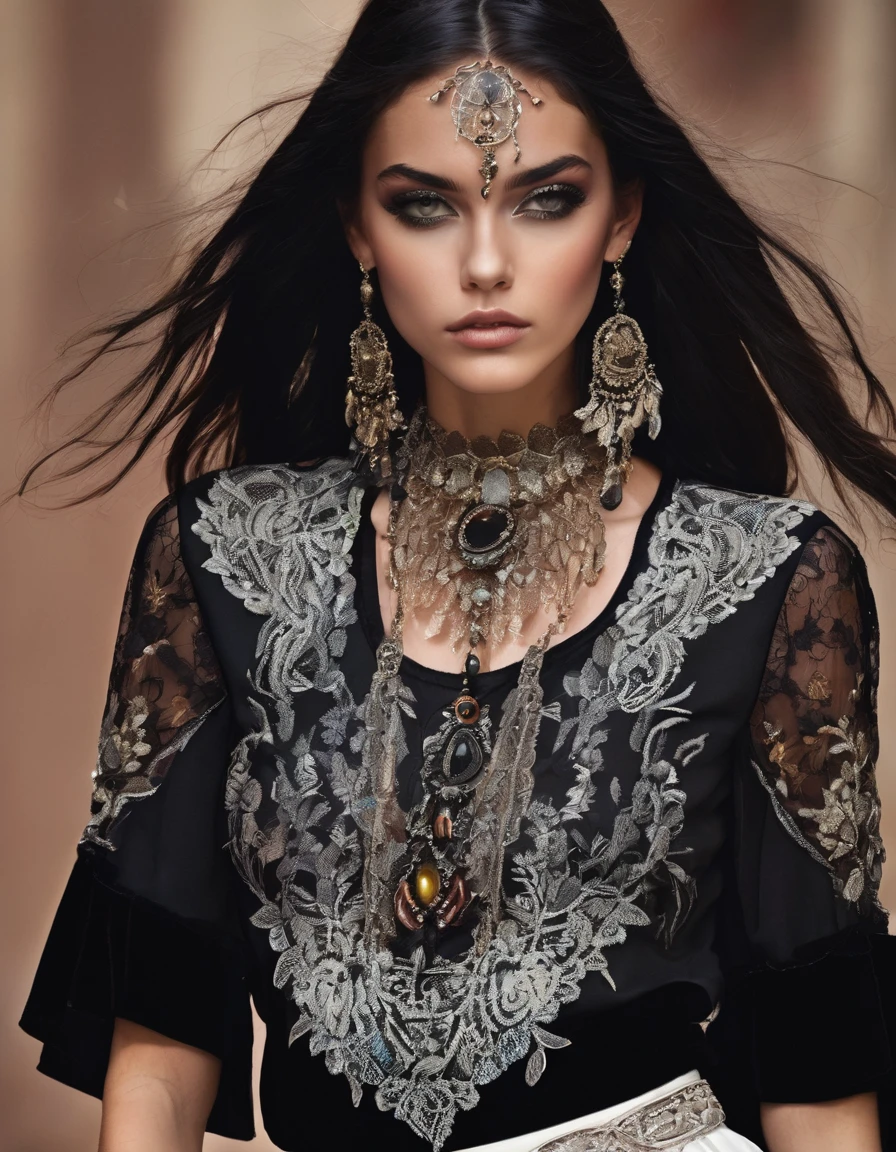 Gothic Ethnic Style**
**outfit:**
- **long skirt**: black, Asymmetrical, with lace details and indigenous embroidery. Can have layers of tulle or velvet.
- **blouse**: black o blanca, lace with embroidered details. long and flared sleeves.
- **corset**: De terciopelo negro with lace details and indigenous embroidery en la parte frontal.
**accessories:**
- **Necklaces**: Silver with dark stones and feather details. Some with amulets of indigenous figures.
- **BRACELET**: Lace and leather, with metallic details and precious stones.
- **belts**: wide, velvet decorated with embroidery and large buckles.
**shoes:**
- **Boots**: Leather high heels with lace and embroidery details.
**make-up:**
- **Eyes**: Smoked in dark tones, with touches of gold and silver.
- **lips**: In burgundy or black tones, with matte finish.
**Additional details:**
- **long layers**: Velvet or silk with indigenous embroidery.
- **Played**: Lace and feathers, with small precious stones