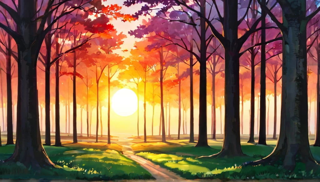 Sunset between trees