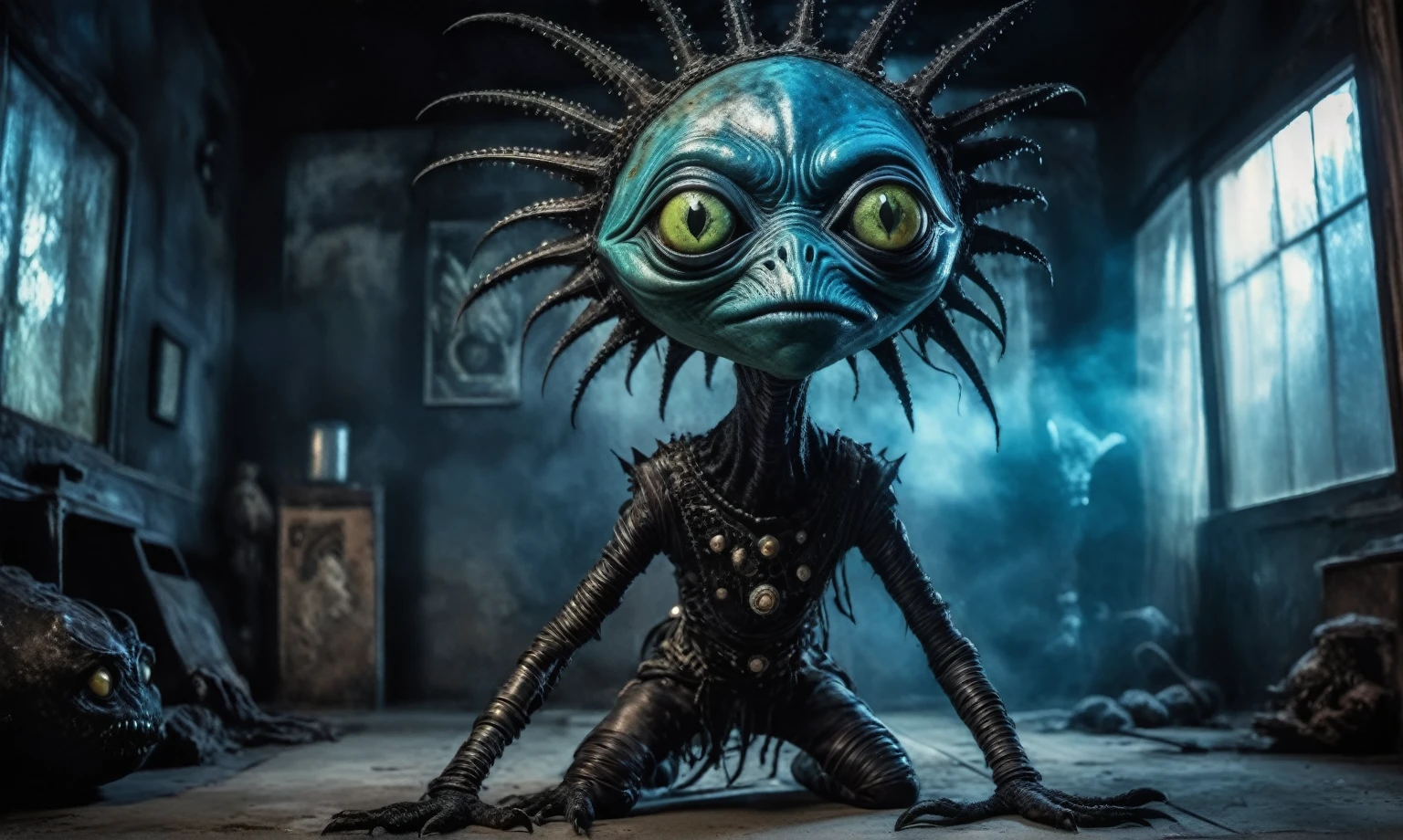 full body length shot ,nerd graphite  Alien Entity,native africa slave ,azctec psychiatric clinic,Cinematic,soft colors, Technicolor,natural skin textures, hyper realism, hyper detailed,Extremely detailed,High contrast,Masterpiece,Realistic,Ultra Detailed, intricate details,realistic humid leather,extremely intricate details,Epic Realistic, cinematic style, irina yermolova,high contrast,hdr,extremely detailed, [deep night landscape],masterpiece, intricate details, eyes extremely detailed, high detailed eyes,8k resolution,retina, Nikon Z9,orc,Egyptian folk, Pisces, transition between two art styles,full body length, Double contact, X-ray, Creative, vivid light, fantasy, Abstract, Surrealism, super detailed, high resolution,insanity national folk wear,skin  almost translucent, gothic elements, further emphasizing its dark air,Mestichino,Light particles,chaos,starfish's leather,Cambodia,"(The best lighting, dark, dramatic),(alien Mulan's half-fetus, Hellraiser, Scars, stupid, a shapeshifter, reptillian, scaleborn, terror.),(ominous and strange eyes, calaveras). morning light, indoor psychiatric clinic

