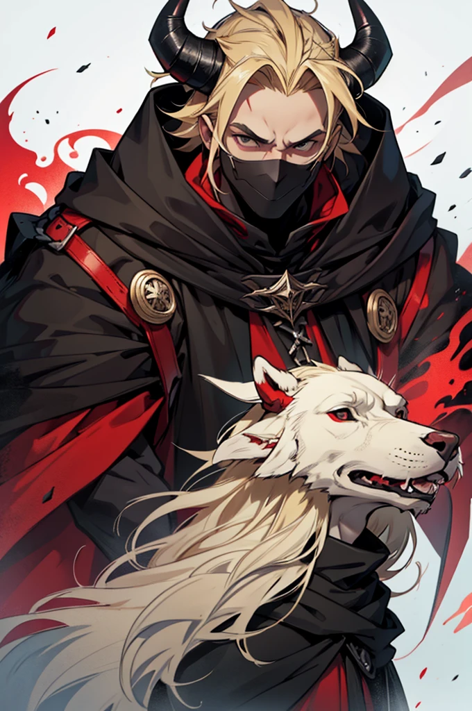 man, small red horns, black eyes, imposing face, blond hair, with black cloak with hood on his head