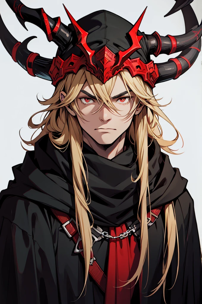 man, small red horns, black eyes, imposing face, blond hair, with black cloak with hood on his head