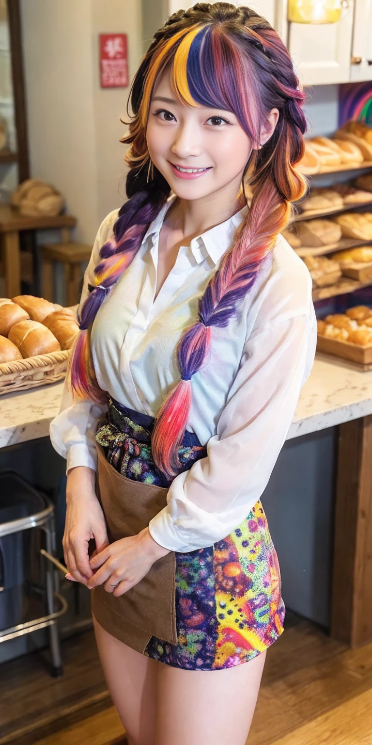 ((holding a large loaf of bread))、
12 year old girl、
Day本アイドル、

Cute Smile、
Lewd smile、　
Panting face、Pant voice、
Fluid organization:1.6), One beautiful girl with really wild hair, (Colorful wavy hair:1.2),( Two long braids:1.2), (Long wild hair:1.2), (Multicolored Hair: 1.9),Cute smile
Bakery Sales Staff、

Angle from directly below、
Low - Angle、スーパーLow - Angle、
apron、
blouse(See-through)、
はだけるblouse、
My shirt is open、
Open shirt、
hot pants、
ピンク色のhot pants、I can see a little underwear、Thighs、Butt、Beautiful buttocks、
I'm cleaning、
I'm wiping the floor.、Wipe the floor with a rag、
Bend over to clean、




clear、serious
Bakery Cafe、bread
Bakery clerk、Day本アイドル、

(masterpiece), (Highest quality:1.4), Absurd, [:Intricate details:0.2],  (View your viewers:1.2), Day,  reflection、
Reddish hair，Golden Student，enjoy，Moist，肉感Thighs，Slim figure，Moist, Glowing pink skin，transparent，Mature Woman，Affectionate expressions，情熱的に取り組んでいます

Day本アイドル