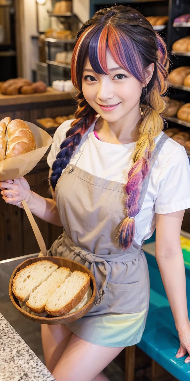 ((holding a large loaf of bread))、
12 year old girl、
Day本アイドル、

Cute Smile、
Lewd smile、　
Panting face、Pant voice、
Fluid organization:1.6), One beautiful girl with really wild hair, (Colorful wavy hair:1.2),( Two long braids:1.2), (Long wild hair:1.2), (Multicolored Hair: 1.9),Cute smile
Bakery Sales Staff、

Angle from directly below、
Low - Angle、スーパーLow - Angle、
apron、
blouse(See-through)、
はだけるblouse、
My shirt is open、
Open shirt、
hot pants、
ピンク色のhot pants、I can see a little underwear、Thighs、Butt、Beautiful buttocks、
I'm cleaning、
I'm wiping the floor.、Wipe the floor with a rag、
Bend over to clean、




clear、serious
Bakery Cafe、bread
Bakery clerk、Day本アイドル、

(masterpiece), (Highest quality:1.4), Absurd, [:Intricate details:0.2],  (View your viewers:1.2), Day,  reflection、
Reddish hair，Golden Student，enjoy，Moist，肉感Thighs，Slim figure，Moist, Glowing pink skin，transparent，Mature Woman，Affectionate expressions，情熱的に取り組んでいます

Day本アイドル