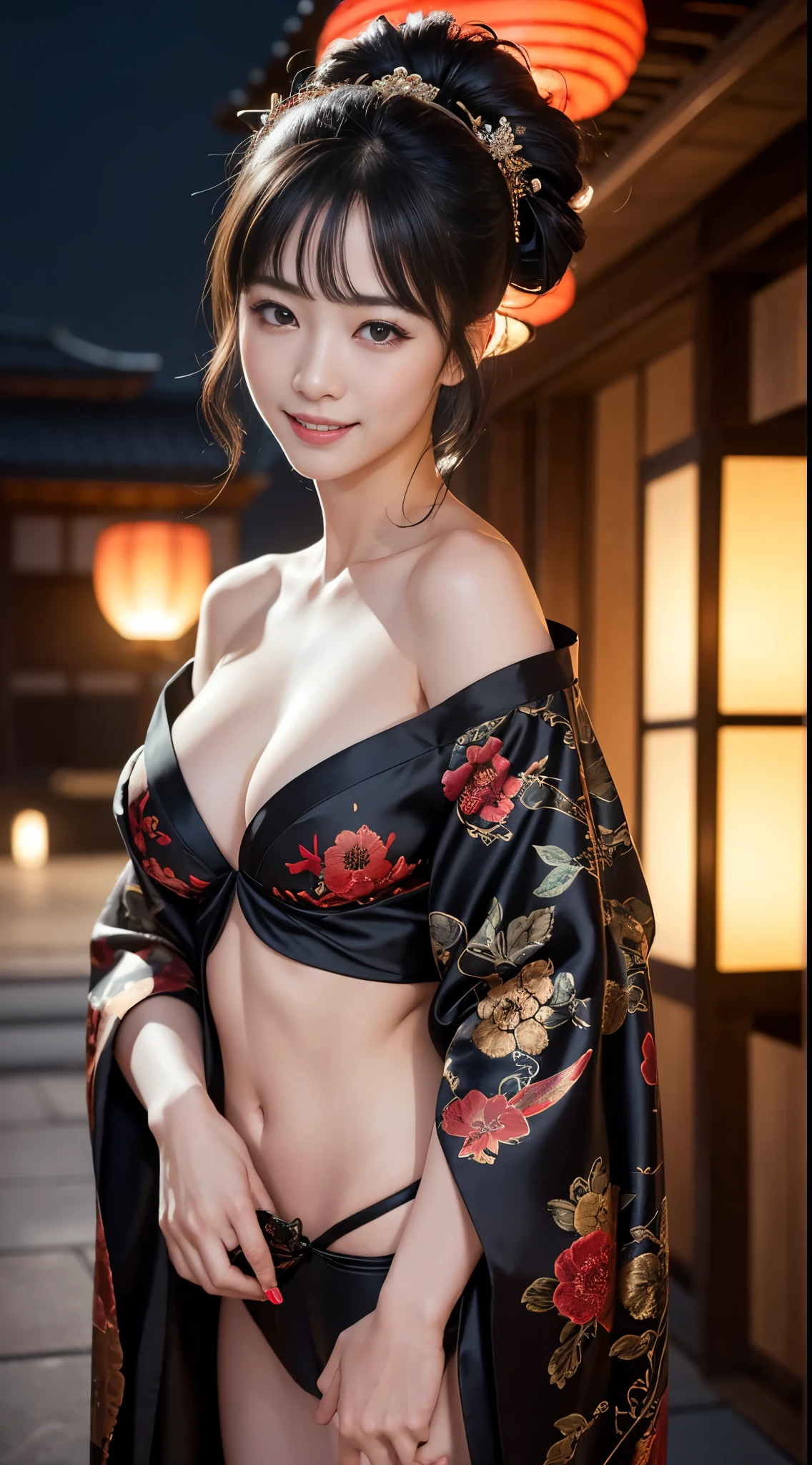 8K Ultra HD, Digital SLR,Film Grain, Fujifilm XT3,(Highest quality:1.3), (masterpiece:1.1), High resolution, Cinematic Light, Intricate details, (Realistic) (Night view) Realistic backlight、Dramatic reddish light、Beautiful Japanese Geisha full body photo, ((Facial texture Pore details)), Grin、Devilish smile, Simple messy hairstyle, She wears a black satin kimono decorated with traditional dragon motifs.., Open shoulders, Colorful dragon tattoos all over the body, Has a long blade, Long-bladed Japan sword in hand,Inside a traditional villa, 8K, Front blur