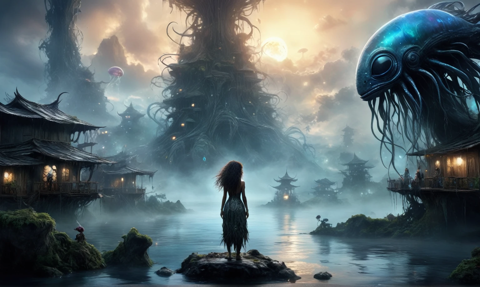 view from height,full-body-shot,obsidian The Alien Entity Moana, sassiness temper,natural jellyfish's skin textures, hyper realisitc, hyper detailed,Extremely detailed,High contrast, ,Realistic,Ultra Detailed,intricate details,realistic humid skin,extremely intricate,Epic Realistic, Romantic, cinematic style,irina yermolova, messy hair,orc's village of fishers,full body length,mother-of-marble,ominous landscape,floating islands on background in dangerous atmosphere,sunset, a Tim Burton-inspired dreamscape,Bun Hair,(Folk clothes:1.5),full body length,niobium goblin,native africa xenomorph,once pretty face,eyebrow up,full body shot,ominous landscape,niobium gray atmosphere,photo,photorealism,Masterpiece,hyper natural skin textures, hyper realism,hyper detailed,High contrast,Realism,Ultra Detailed,irina yermolova,close full body shot,32K resolution,Nikon Z9, ,demonic, fog, smoke, audience, mist, featuring ultra-realistic and hyper-realistic elements, Marta Bevacqua, Ellen Jewett, Kawacy, Katsuya Terada, Carne Griffiths,concert lighting, bokeh, luminal space that feels both bright and surreal. Includes liquid fluid elements for added depth and movement. Rendered in an unreal engine and post-processed to achieve . Evokes a sense of dreamy, ethereal and mystical mood,horror pixar movie still,thriller disney movie ,pixar render, animated ,suicide,inside psychiatric clinic insane