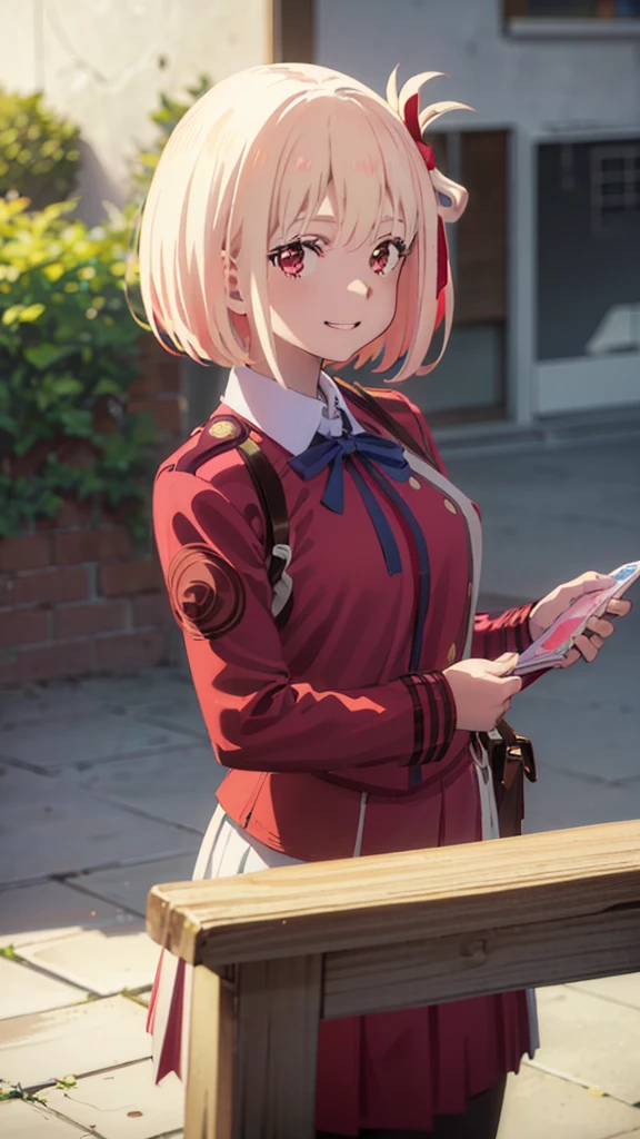 (((pixel-perfect, detail-perfect))), solo, 1girl, chisato nishikigi, lycoris uniform, looking at viewer, smile, upper body