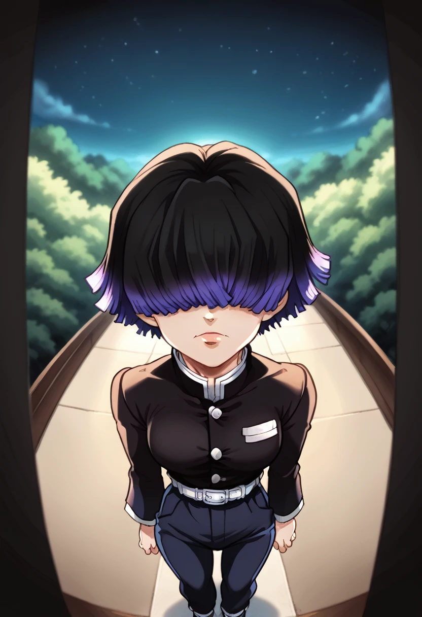 Draw a character in animated art style, with a vibrant and expressive appearance. The character must have exaggerated characteristics, like big, expressive eyes, a subtol hatred, and a straight posture. The background should be simple and not distract from the main figure. The character must be from the Kimetsu no Yaiba universe/Demon Slayer, black short hair, Hair over eyes blue eyes. Wearing vrabde pants, angle from above, animated cartoon, beautiful drawing. (night filter, natta, Night) 肌肉男, Muichiro Tokito, Hair over eyes, depressive