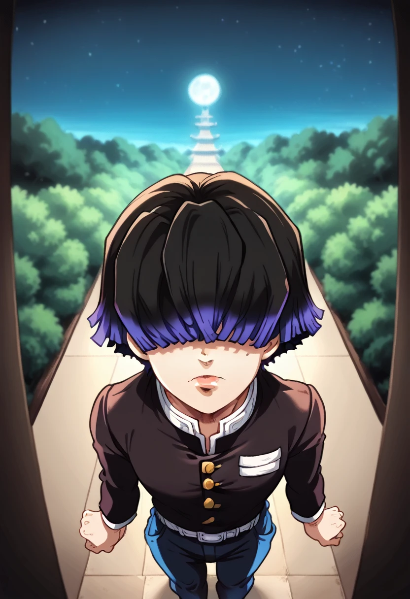 Draw a character in animated art style, with a vibrant and expressive appearance. The character must have exaggerated characteristics, like big, expressive eyes, a subtol hatred, and a straight posture. The background should be simple and not distract from the main figure. The character must be from the Kimetsu no Yaiba universe/Demon Slayer, black short hair, Hair over eyes blue eyes. Wearing vrabde pants, angle from above, animated cartoon, beautiful drawing. (night filter, natta, Night) 肌肉男, Muichiro Tokito, Hair over eyes, depressive 