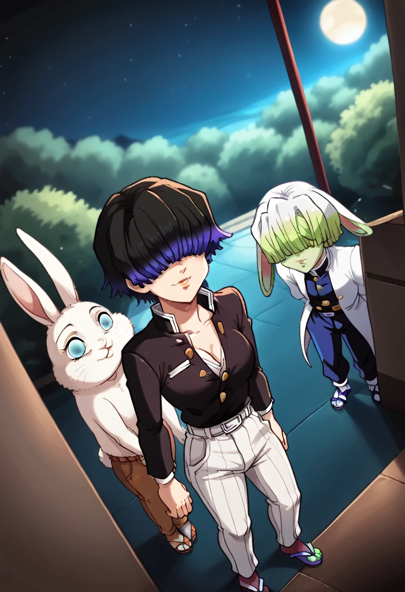 Draw a character in animated art style, with a vibrant and expressive appearance. The character must have exaggerated characteristics, like big, expressive eyes, a subtol hatred, and a straight posture. The background should be simple and not distract from the main figure. The character must be from the Kimetsu no Yaiba universe/Demon Slayer, black short hair, Hair over eyes blue eyes. Wearing vrabde pants, angle from above, animated cartoon, beautiful drawing. (night filter, natta, Night) 肌肉男, Muichiro Tokito, Hair over eyes, depressive