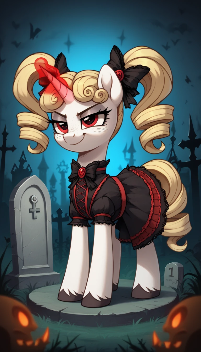 score_9,score_8_up,score_7_up,score_6_up, filly, unicorn, white fur, curly blonde hair, twintails, freckles, red eyes, Gothic pony, lolita fashion, glowing backlight, fashion show, graveyard scene, glitter, whimsical, enchanted, magical, fantasy art concept, intricate details, insane smug smile, glowing horn,