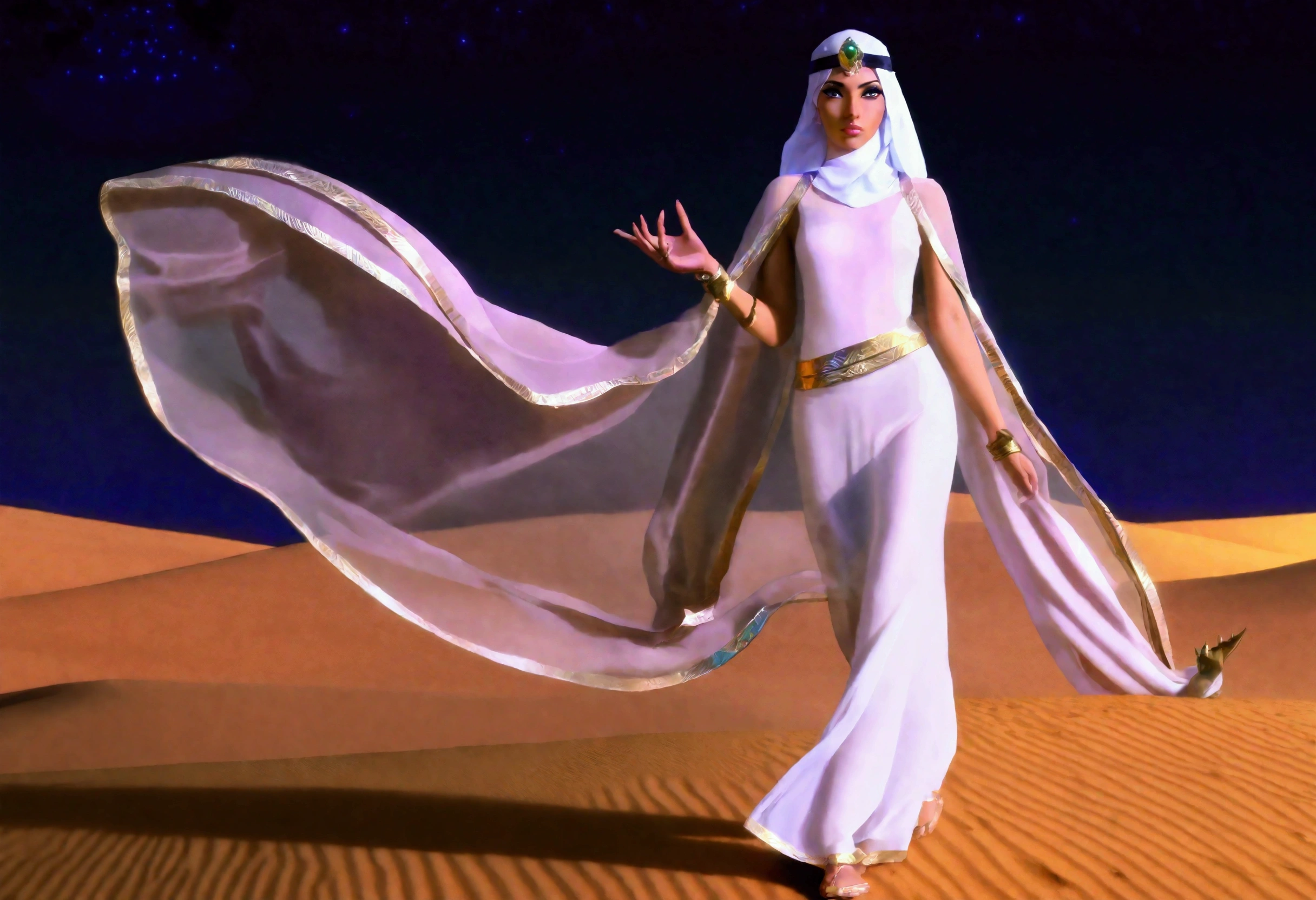 Arabian woman (top model, age 25, many fine layers of airy sheer fabric, Arabian princess) walking through the desert at night. Bodyguards flank her