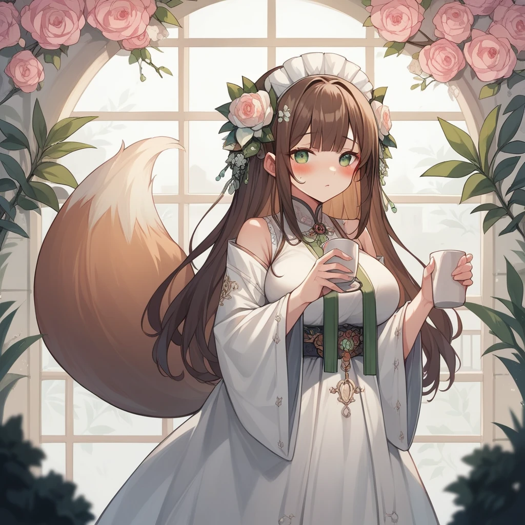 (Masterpiece，The highest resolution，8K Wallpaper，Maximum drawing quality)，1 girl，Alone，(Huge fox tail)，long brown hair，green eyes，Small flower headdress，21 year old university student_C cup，modern architecture, (blush:1.3),demonstration , in the stomach_succubus tattoo, a milf, Sexy JK uniform，In a sex toy store，