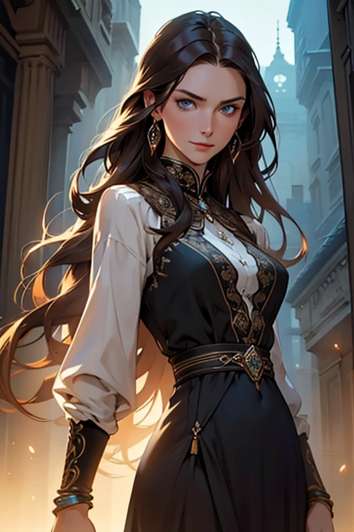 A beautiful woman, dark brown hair, slender, happy and relaxed, long casual dress, with jewelry, blue eyes, long hair with a clear face, businesswoman, intricate details, high quality, photorealistic, dramatic lighting, warm color tones, detailed facial features, elegant, poised, serene expression, professional, masterpiece