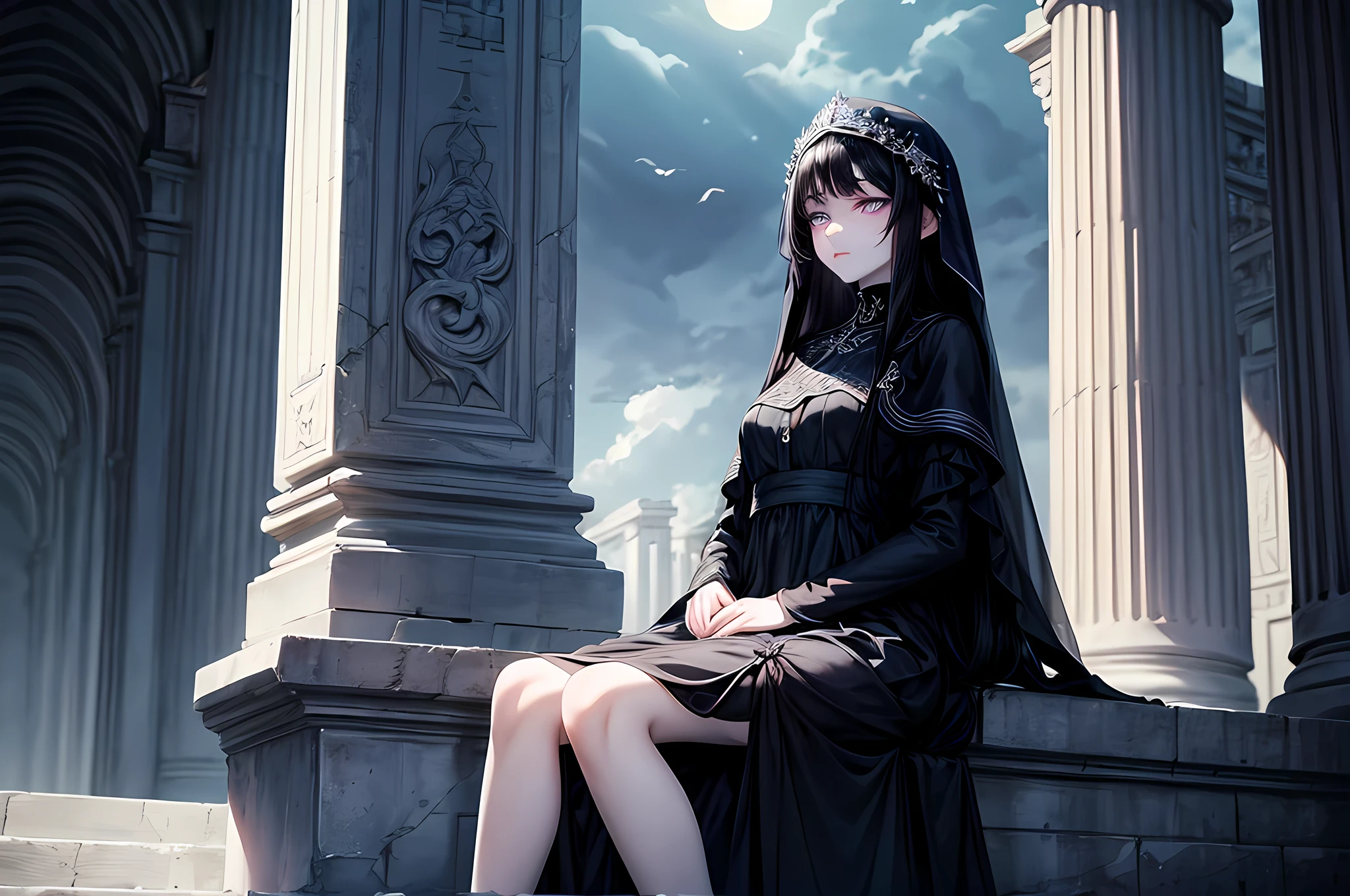 Beautiful, majestic, melancholic, en face, woman, solo-girl, long black hair, pale white skin, (indigo eyes:1.3), narrow eyes, sly smile, (black dress:1.1), (black and blue veil:1.1), sitting on a stone pillar, night sky, dark ancient temple in background, rays of moonlight