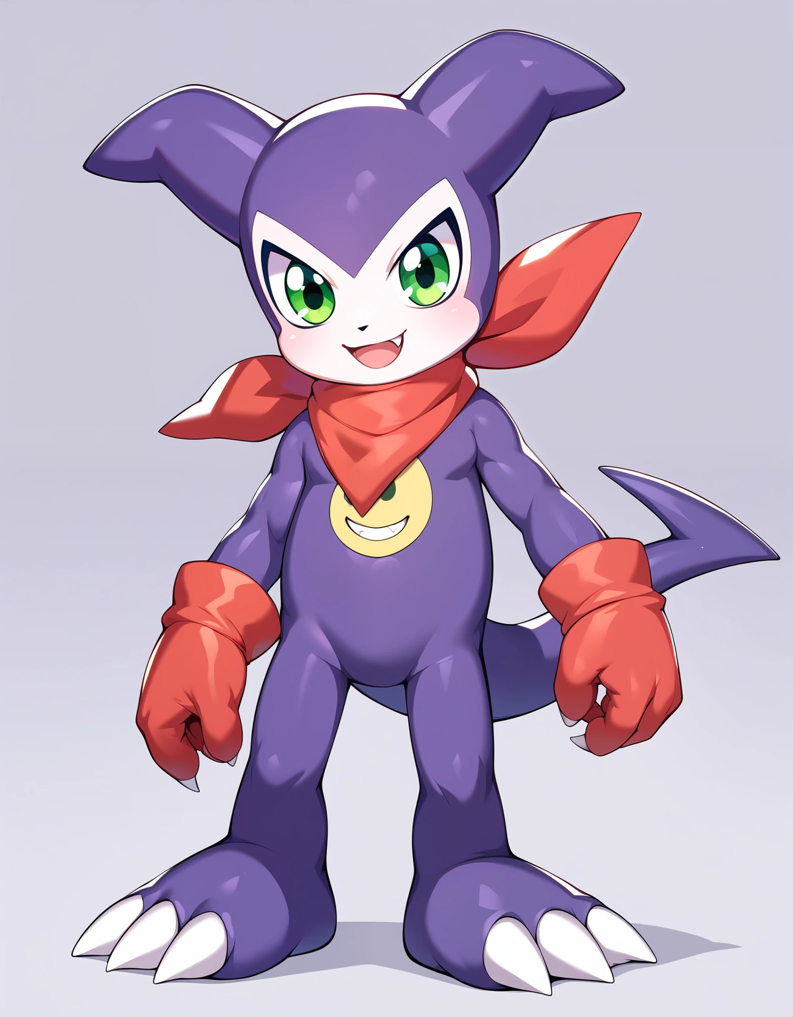 score_9, score_8_up, score_7_up, source_anime, impmon, 1boy, solo, digimon (creature), no humans, full view, green eyes, tail, gloves, claws, red gloves, scarf, standing, looking at viewer