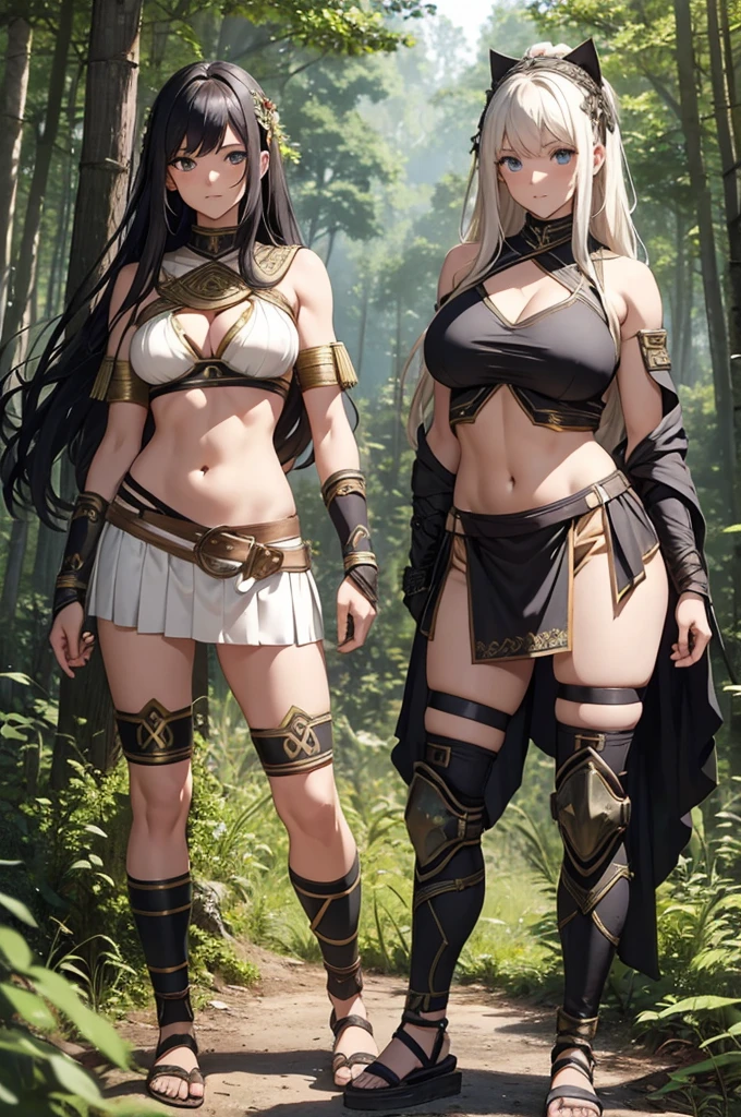 greek warriors womans in togas , only girls , forest in the background , light armor , elbow pads, knee pads, shoulder pads, black armor , sandals , ????, exposed belly, muscular girl, defined abdomen,stomach, multiple girls, looking at viewer , long hair, ???? shoulders,  outdoors, sandals