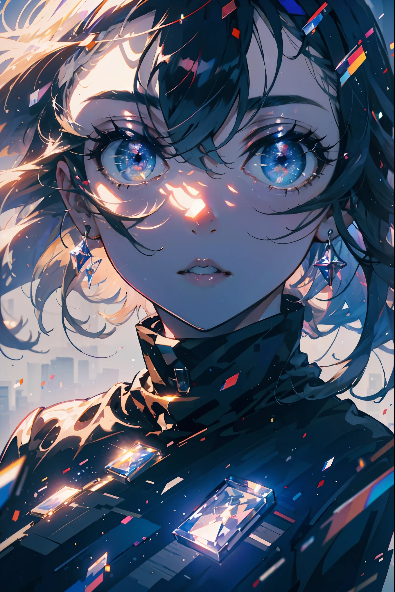 (High quality art,anime,Super detailed),(Best Quality,4K,8K,High resolution,masterpiece:1.2),Beautifully detailed lips,Highly detailed eyes and face,Black Hair,Bright Eyes, blue eyes, (Eye details:1.3), Are standing,Cityscape、whole body