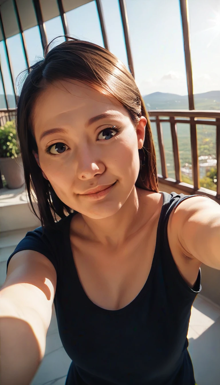 Best quality，masterpiece，Ultra-high resolution，（lifelike：1,4），original photo，Head photo，skin，Simple background，Black eyes，detail，Selfie，1 girl，18 years old，breeze，Sunlight，balcony