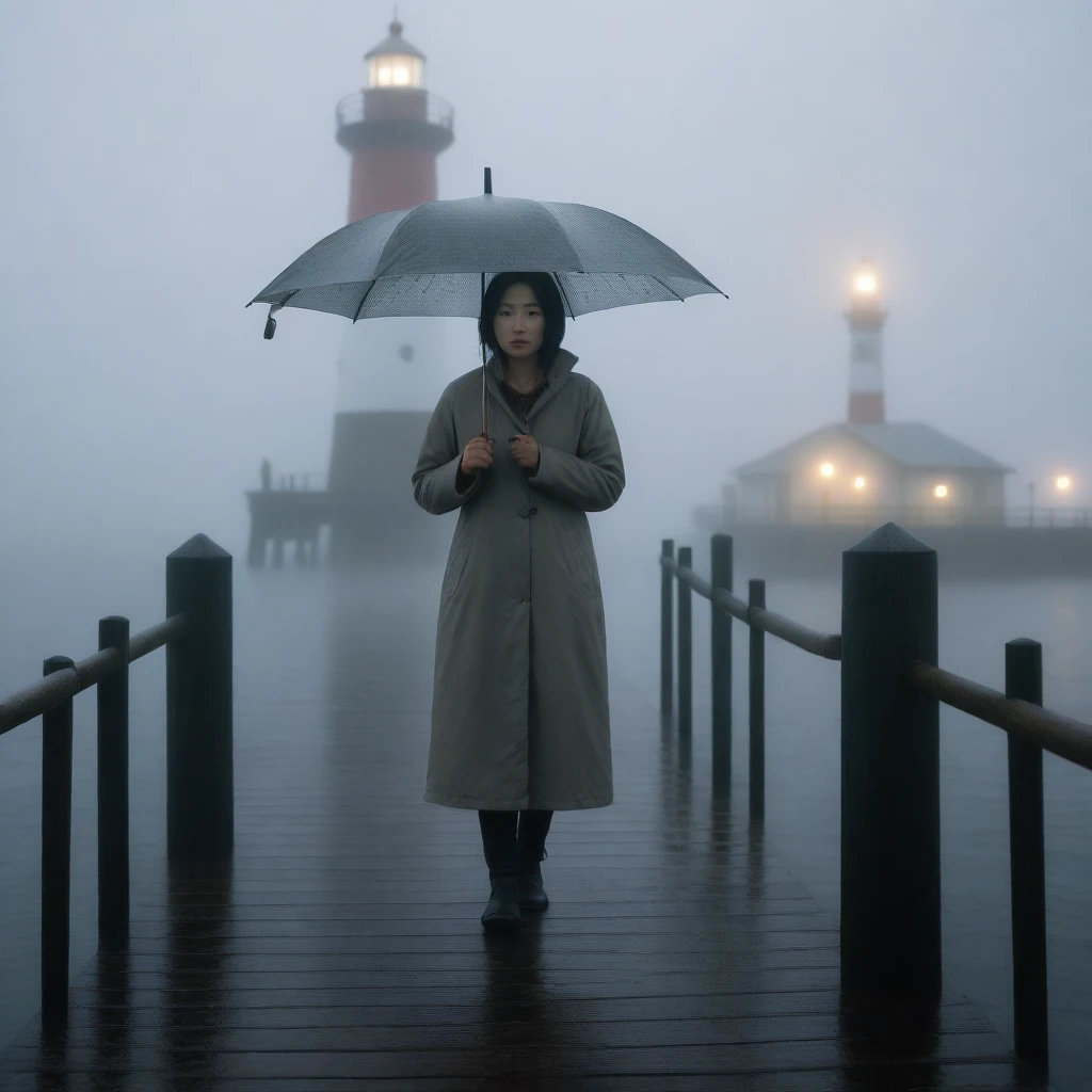 1 Korean woman in her 50s, solo, rain, Fog, cold, boring, , pier, only, lighthouse, Coast, The dim light shines in the Fog,and the figure stands in the Fog holding an umbrella, (명암대rain, cinematic lighting, shadow, film grain, anatomically correct, accurate, Awards, mackerel, 8K) realistic photo