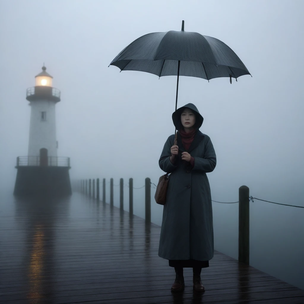 1 Korean woman in her 50s, solo, rain, Fog, cold, boring, , pier, only, lighthouse, Coast, The dim light shines in the Fog,and the figure stands in the Fog holding an umbrella, (명암대rain, cinematic lighting, shadow, film grain, anatomically correct, accurate, Awards, mackerel, 8K) realistic photo