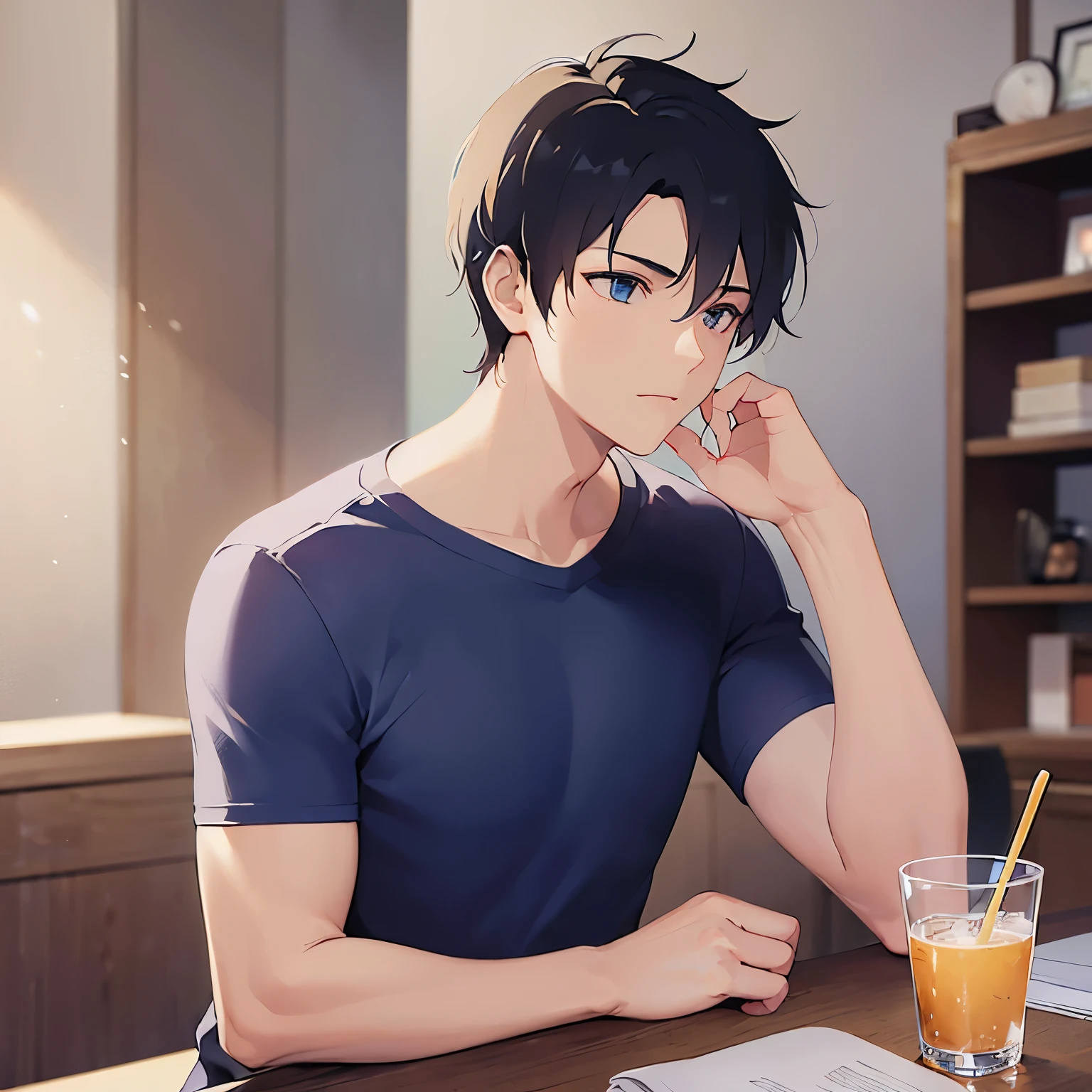 (looking away:1.5),upper body、 stroking own chin,profile、
shiny skin, masterpiece、Highest quality、(25-year-old male:1.5) and (Black short hair) and (blue eyes)
(white) and (T-Shirts),汗
thinking、The background is the dining room at night、(Alone:1.5)