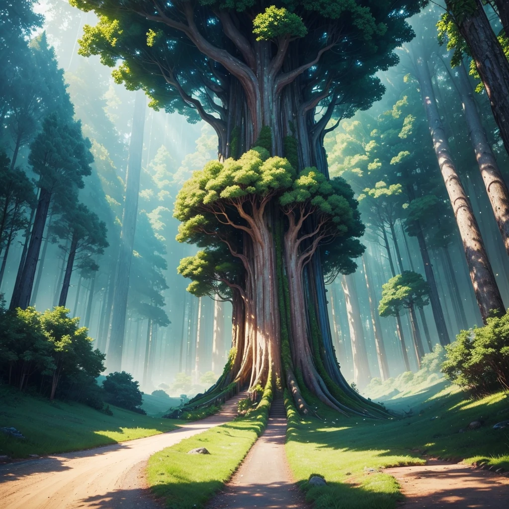 mysteriousな超巨大なトンネルの中に森がある,Giant Tree Forest,There is a huge tree,There is a road in the middle of the forest,Different world,The sunlight from the sun shines on the earth,Colorful,Best Quality,8K,mysterious,Multidimensional,High Dimension,Fantasy,Different space,There are many different creatures,heaven,Paradise Nature,romantic,A world beyond imagination,Dream world,universe,Huge river,masterpiece,最高masterpiece,perfection,