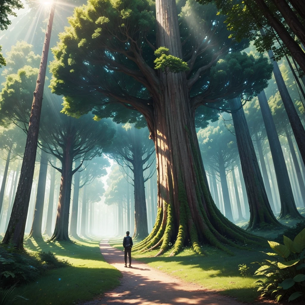 mysteriousな超巨大なトンネルの中に森がある,Giant Tree Forest,There is a huge tree,There is a road in the middle of the forest,Different world,The sunlight from the sun shines on the earth,Colorful,Best Quality,8K,mysterious,Multidimensional,High Dimension,Fantasy,Different space,There are many different creatures,heaven,Paradise Nature,romantic,A world beyond imagination,Dream world,universe,Huge river,masterpiece,最高masterpiece,perfection,