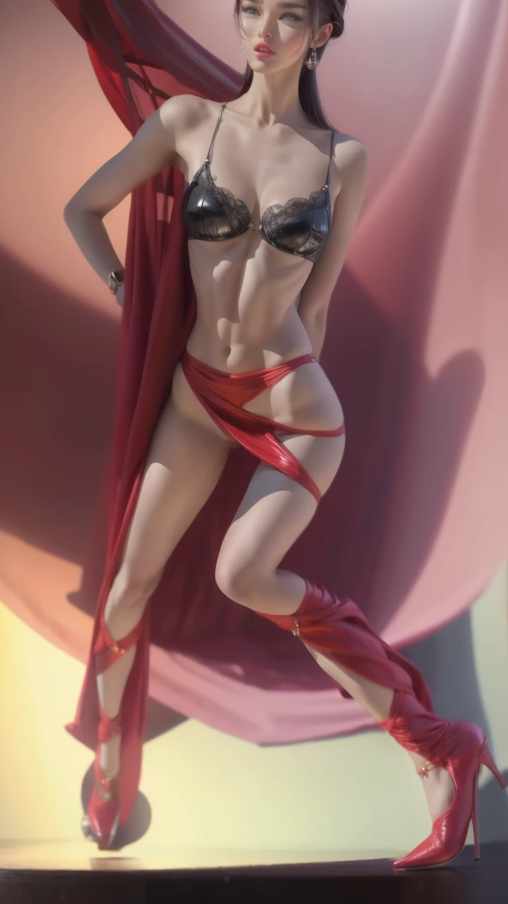 a gorgeous woman with sakimichan style body, very detailed high heels, long beautiful legs, flawless skin, beautiful detailed eyes, beautiful detailed lips, extremely detailed face, longeyelashes, graceful pose, high contrast lighting, (best quality,4k,8k,highres,masterpiece:1.2),ultra-detailed,(realistic,photorealistic,photo-realistic:1.37),HDR,studio lighting,professional,vivid colors,bokeh