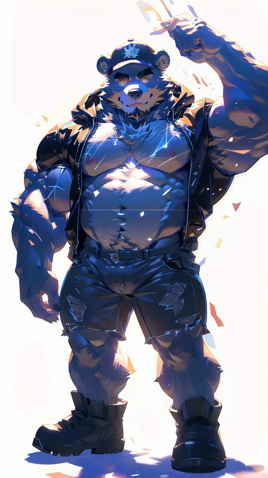 (masterpiece:1.2), best quality,pixiv,official art,perfect anatomy, (Ray tracing, light),solo, (1_male:1.3) , (muscle), (grey fur:1.4), (muscle bear),(abdominal muscles),(beard:1.2), (gleaming golden eyes), bear tail, full body, Thick black eyebrows, baseball cap, (open short hoodie), (naked inside),Ripped short jeans, black short boots, (pure white background: 1.3)