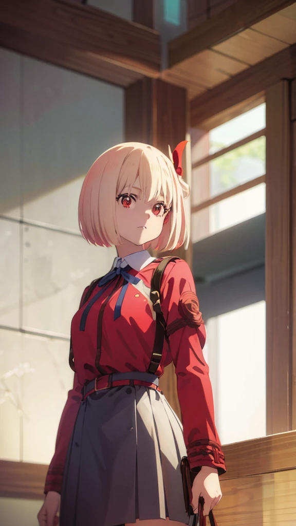 chisatonishikigi, nishikigi chisato, short hair, bangs, blonde hair, (red eyes:1.5), hair ribbon, one side up, bob cut, BREAK shirt, long sleeves, dress, ribbon, white shirt, collared shirt, belt, neck ribbon, red dress, blue ribbon, pleated dress, grey dress, two-tone dress, red belt, lycoris uniform,, BREAK outdoors, city, BREAK looking at viewer, BREAK (masterpiece:1.2), best quality, high resolution, unity 8k wallpaper, (illustration:0.8), (beautiful detailed eyes:1.6), extremely detailed face, perfect lighting, extremely detailed CG, (perfect hands, perfect anatomy),