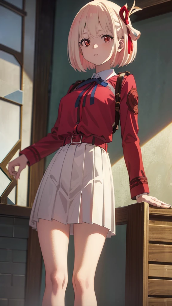 chisatonishikigi, nishikigi chisato, short hair, bangs, blonde hair, (red eyes:1.5), hair ribbon, one side up, bob cut, BREAK shirt, long sleeves, dress, ribbon, white shirt, collared shirt, belt, neck ribbon, red dress, blue ribbon, pleated dress, grey dress, two-tone dress, red belt, lycoris uniform,, BREAK outdoors, city, BREAK looking at viewer, BREAK (masterpiece:1.2), best quality, high resolution, unity 8k wallpaper, (illustration:0.8), (beautiful detailed eyes:1.6), extremely detailed face, perfect lighting, extremely detailed CG, (perfect hands, perfect anatomy),