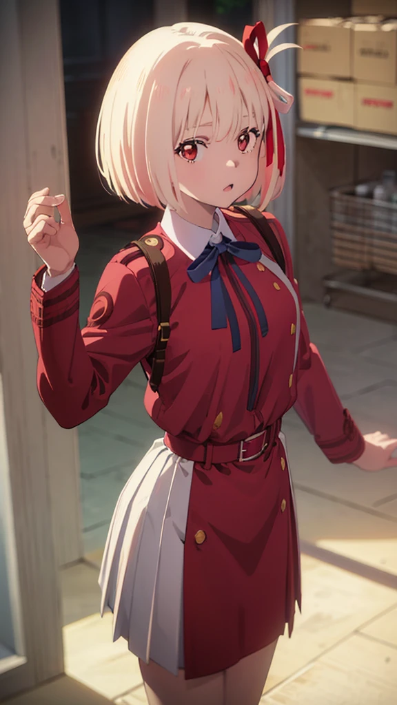 chisatonishikigi, nishikigi chisato, short hair, bangs, blonde hair, (red eyes:1.5), hair ribbon, one side up, bob cut, BREAK shirt, long sleeves, dress, ribbon, white shirt, collared shirt, belt, neck ribbon, red dress, blue ribbon, pleated dress, grey dress, two-tone dress, red belt, lycoris uniform,, BREAK outdoors, city, BREAK looking at viewer, BREAK (masterpiece:1.2), best quality, high resolution, unity 8k wallpaper, (illustration:0.8), (beautiful detailed eyes:1.6), extremely detailed face, perfect lighting, extremely detailed CG, (perfect hands, perfect anatomy),