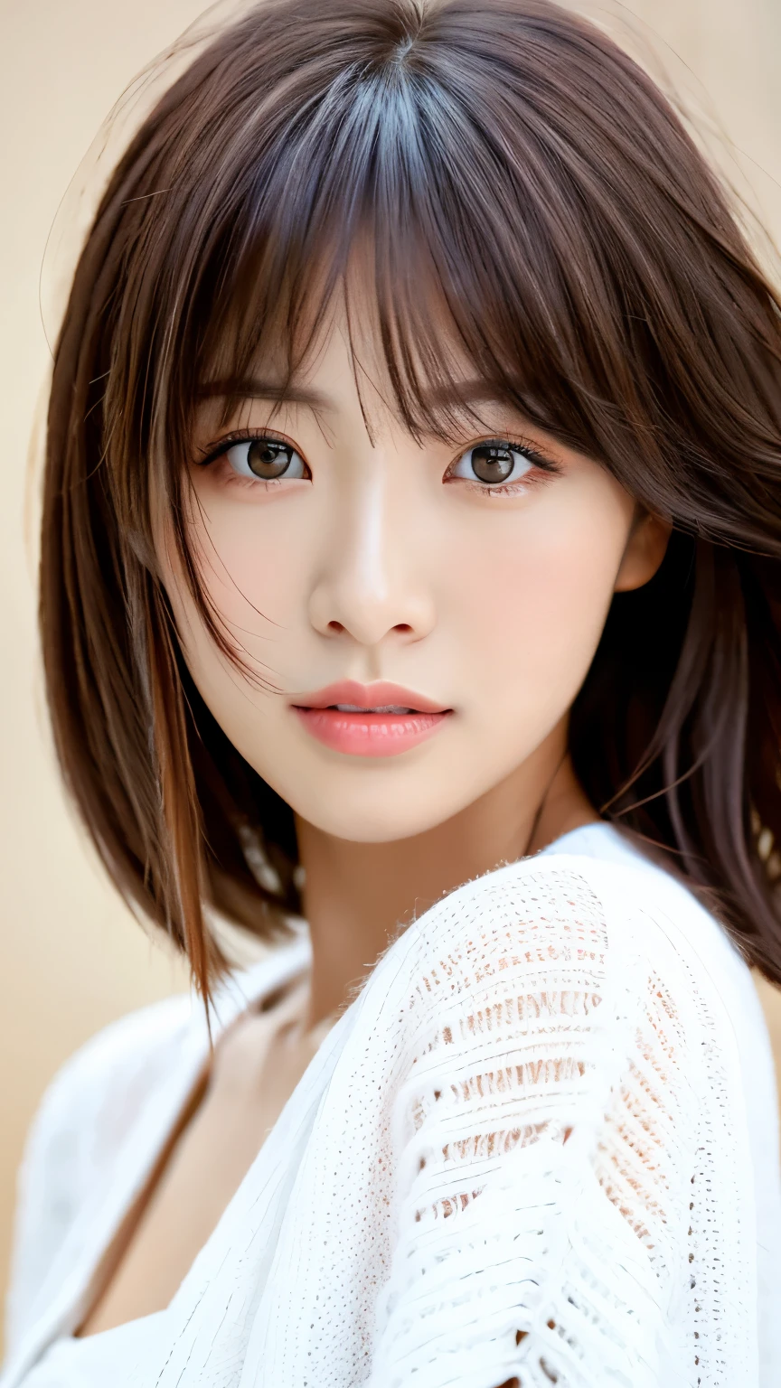 Woman looking this way、(highest quality, Portraiture)、Stylish, detailed background、4K、Real、Precision, bangs, bangs over eyes, (detailed eyes)