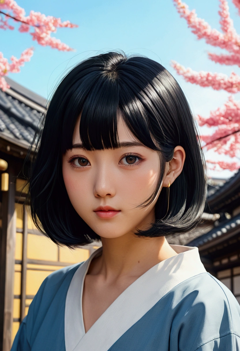 Oil Style、digitalart、1990s anime style、Black Hair Bob、Japan beautiful girl、18year old