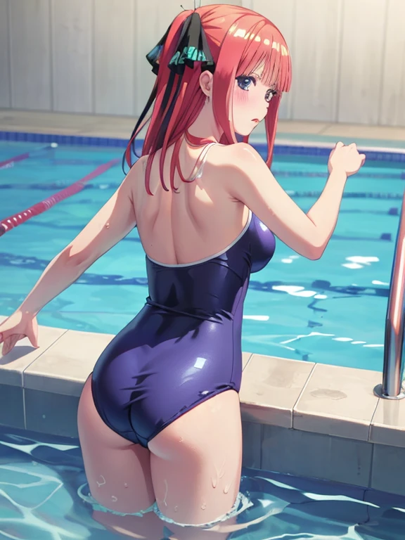 best quality, insanely detailed, nino nakano, one piece swimsuit, school swimsuit, breasts, blush, swimming pool background, back style