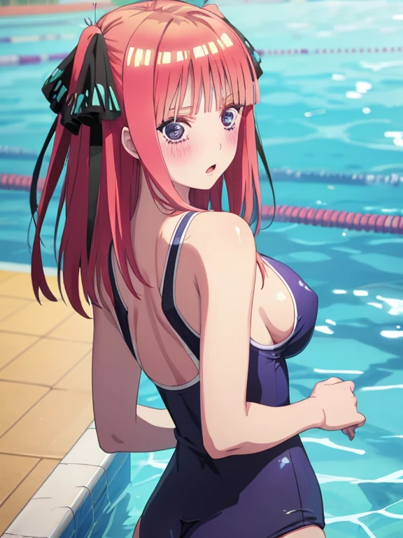 best quality, insanely detailed, nino nakano, one piece swimsuit, school swimsuit, breasts, blush, swimming pool background, back style